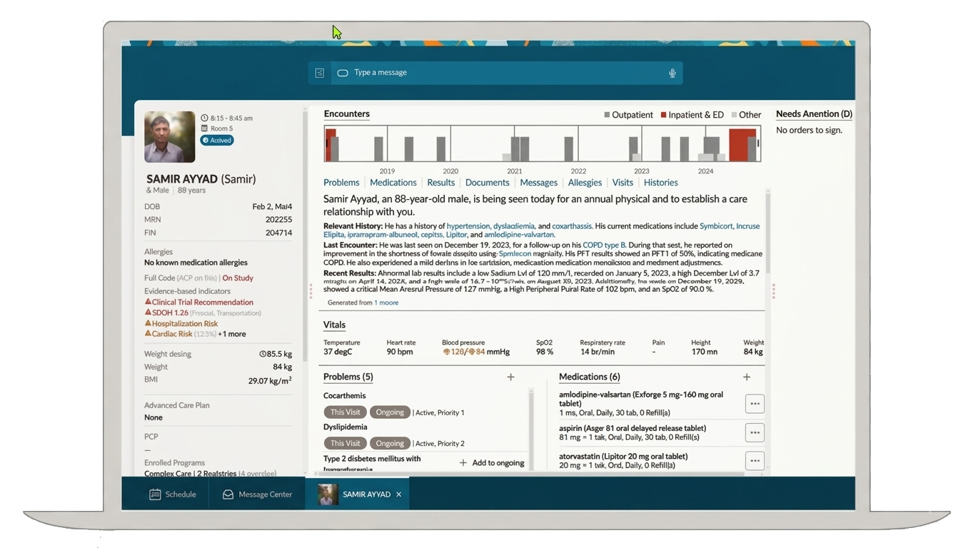 Patient chart showing encounters, vitals, problems, medications, and an AI-generated relevant history summary